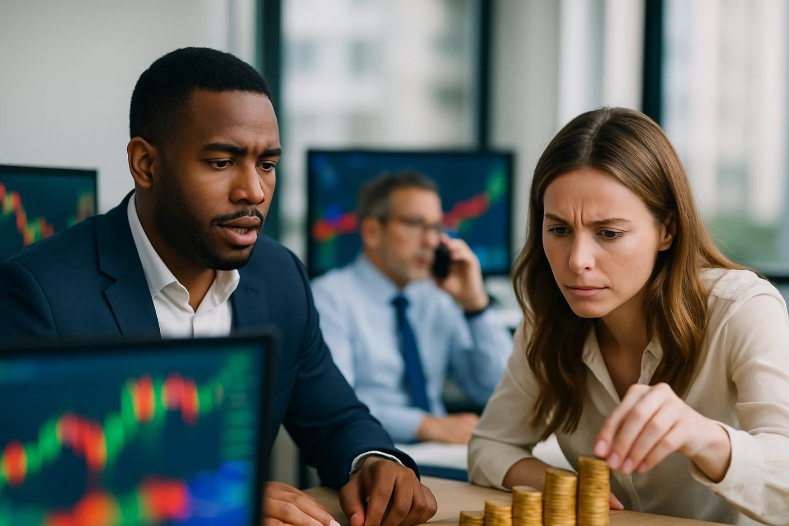 投資客在電腦前分析夜盤台指期走勢圖，畫面顯示美股費城半導體指數與台積電ADR數據