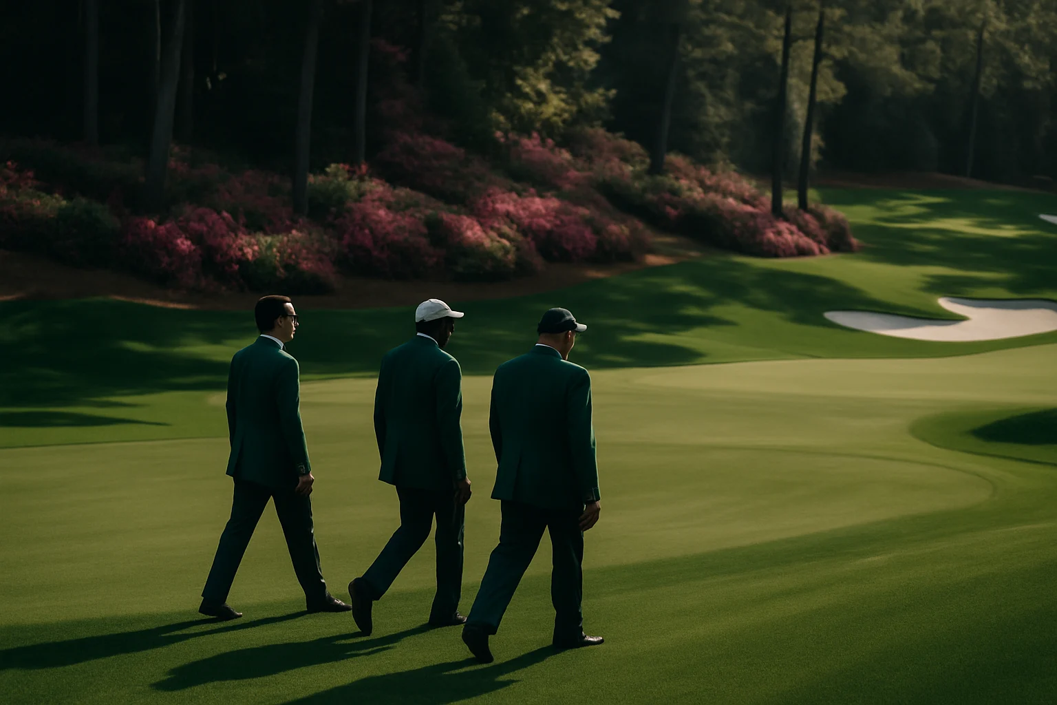 Augusta National Golf Club azaleas blooming during Masters week with iconic clubhouse in background