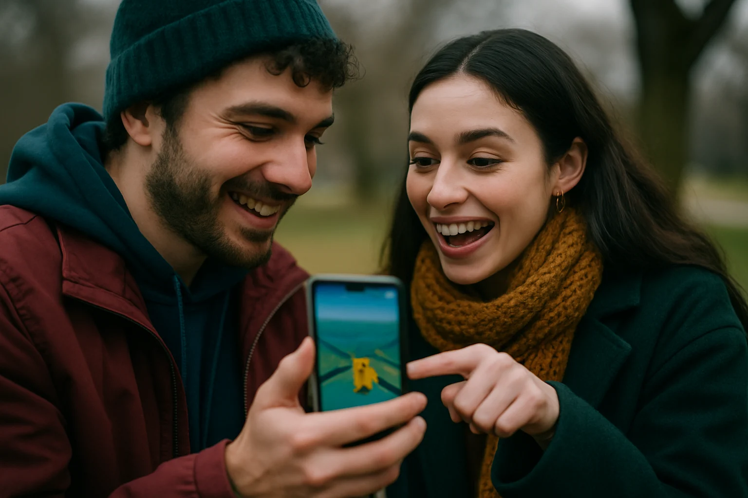 玩家在公園拿著手機玩Pokemon GO捕捉寶可夢的實際場景
