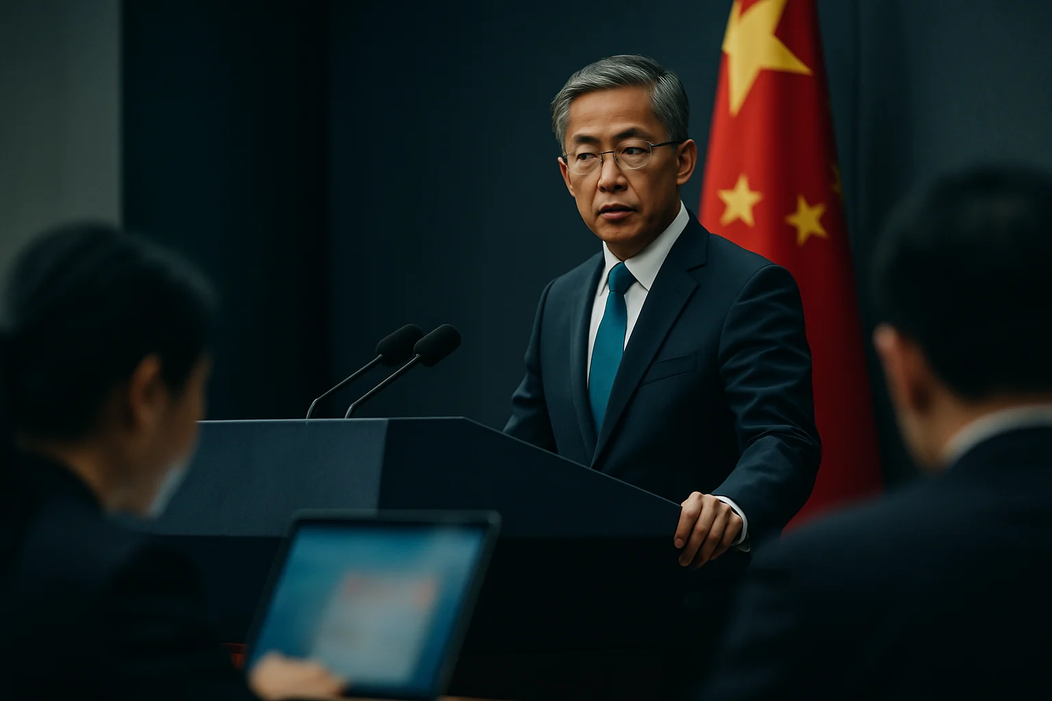 中国外交部发言人林剑在记者会上严厉谴责强闯使馆事件