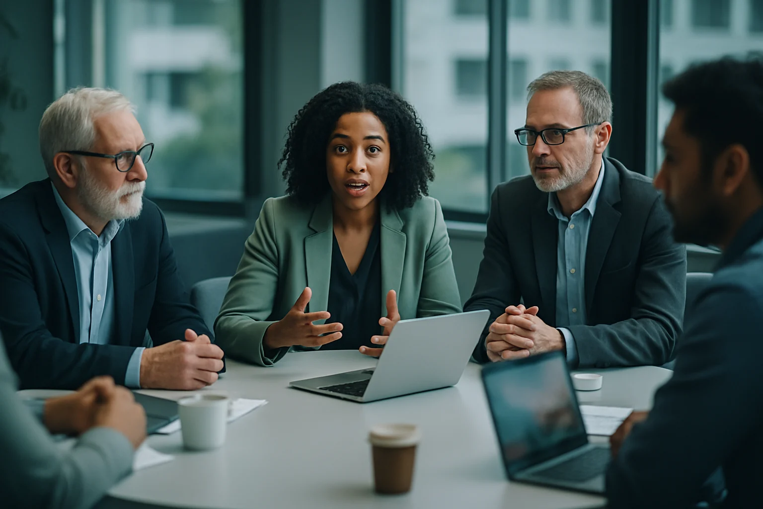多学科专家围桌讨论复杂问题解决方案,展示跨学科合作场景
