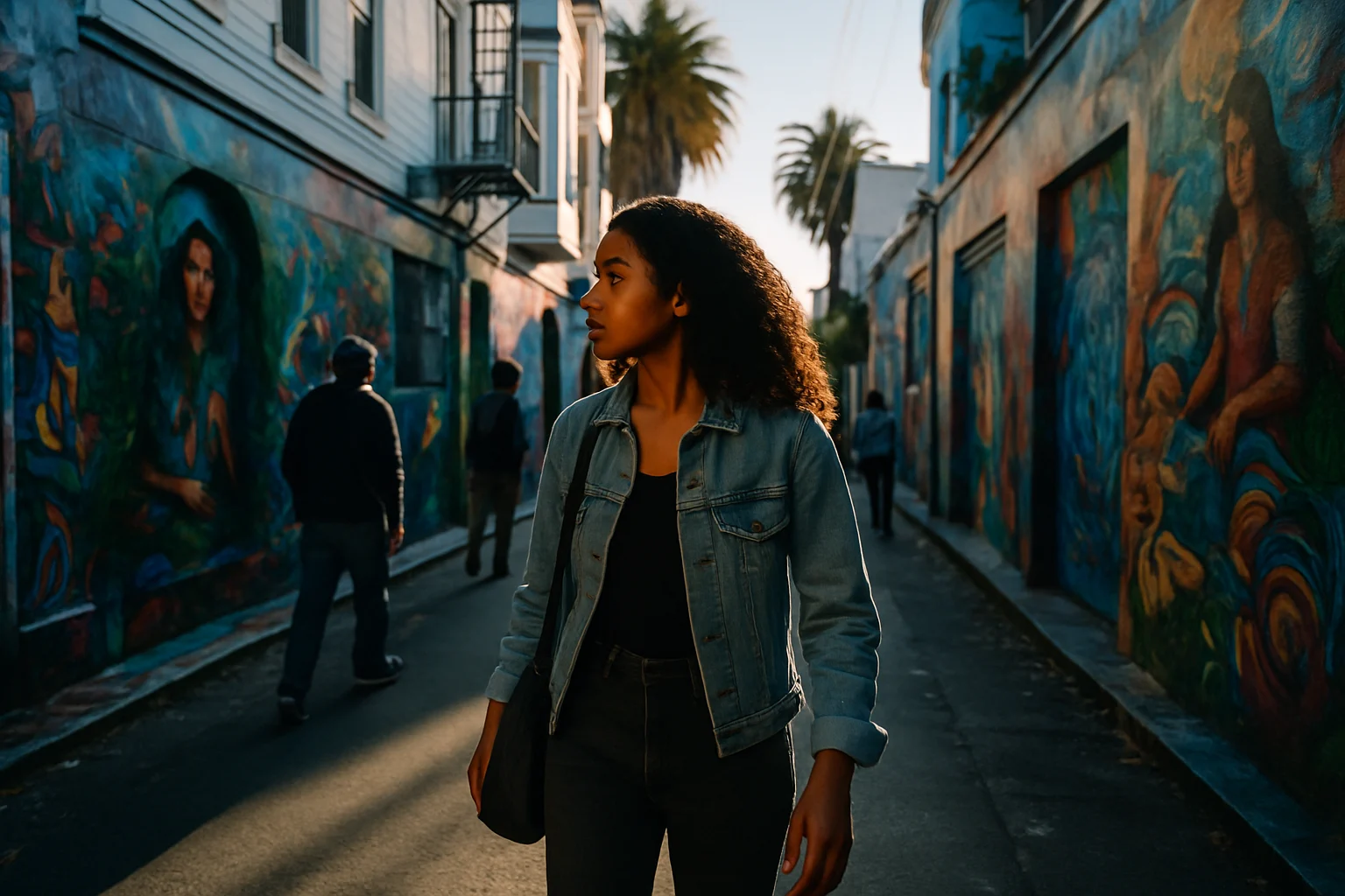 サンフランシスコのミッション地区にある鮮やかな壁画アートと通りを歩く地元の人々