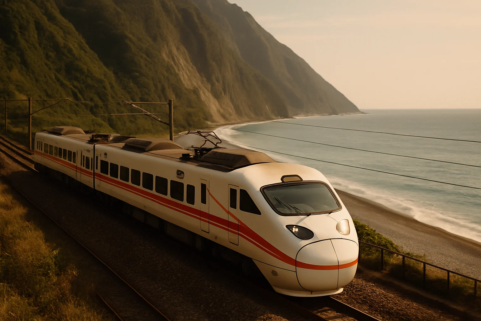 自強號列車行駛在東部幹線山海之間的美麗景色