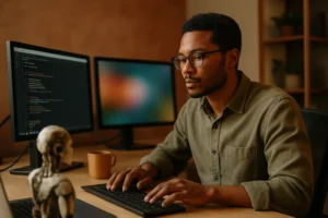Man in glasses types on a keyboard at a desk with two monitors, a skull model, and a mug nearby.