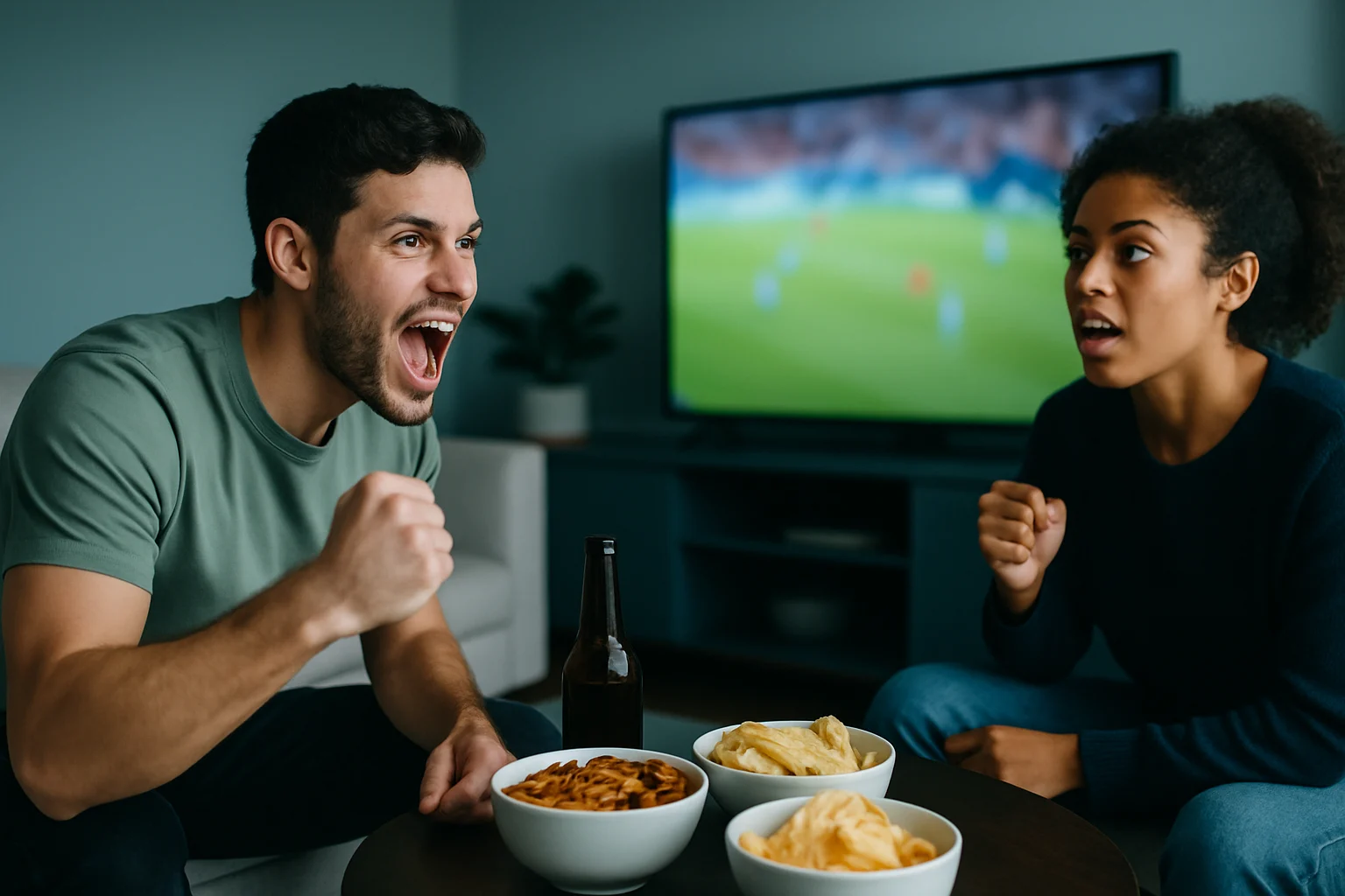 客廳大螢幕電視播放2026世足直播，沙發上擺放零食飲料的溫馨觀賽場景