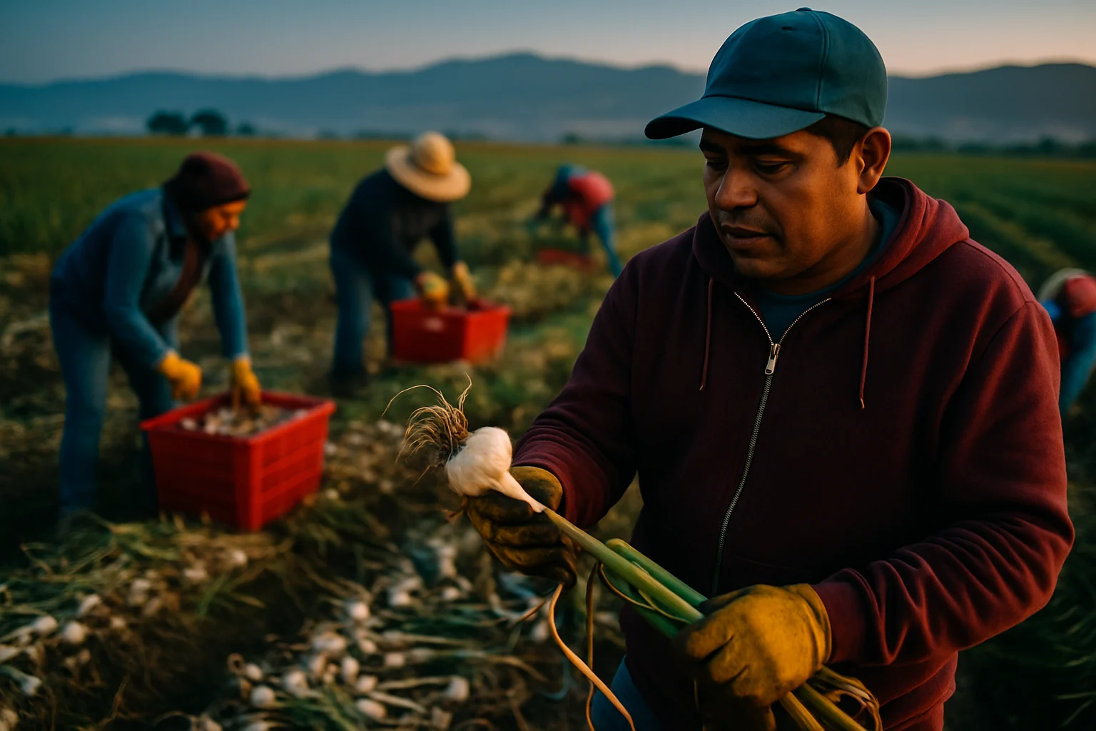 美国加州吉尔罗伊大蒜农场,工人正在田间收割大蒜
