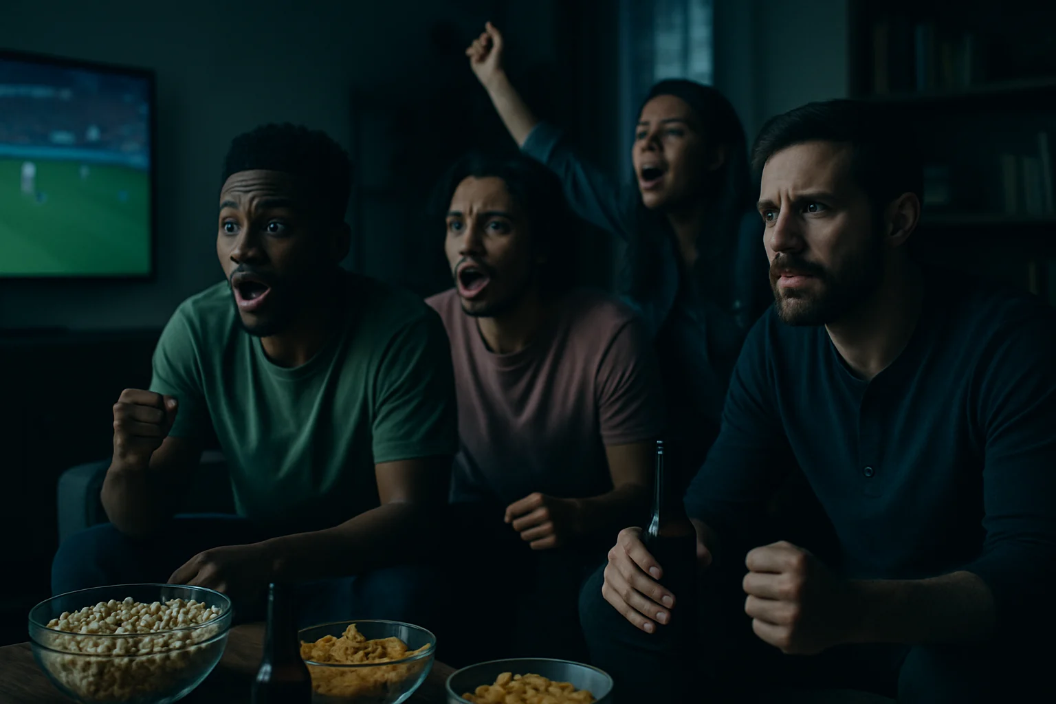 朋友聚在一起觀看2026世足直播，客廳擺滿零食飲料的熱鬧場景