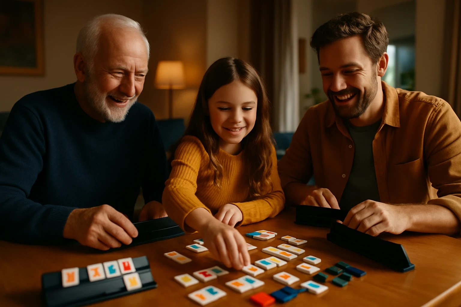 家庭聚會玩拉密桌遊的溫馨場景,三代同堂圍坐桌邊