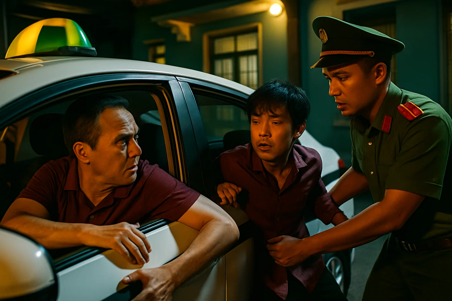 Tài xế taxi đang quan sát gương chiếu hậu trong cabin xe taxi trên đường phố đô thị ban đêm