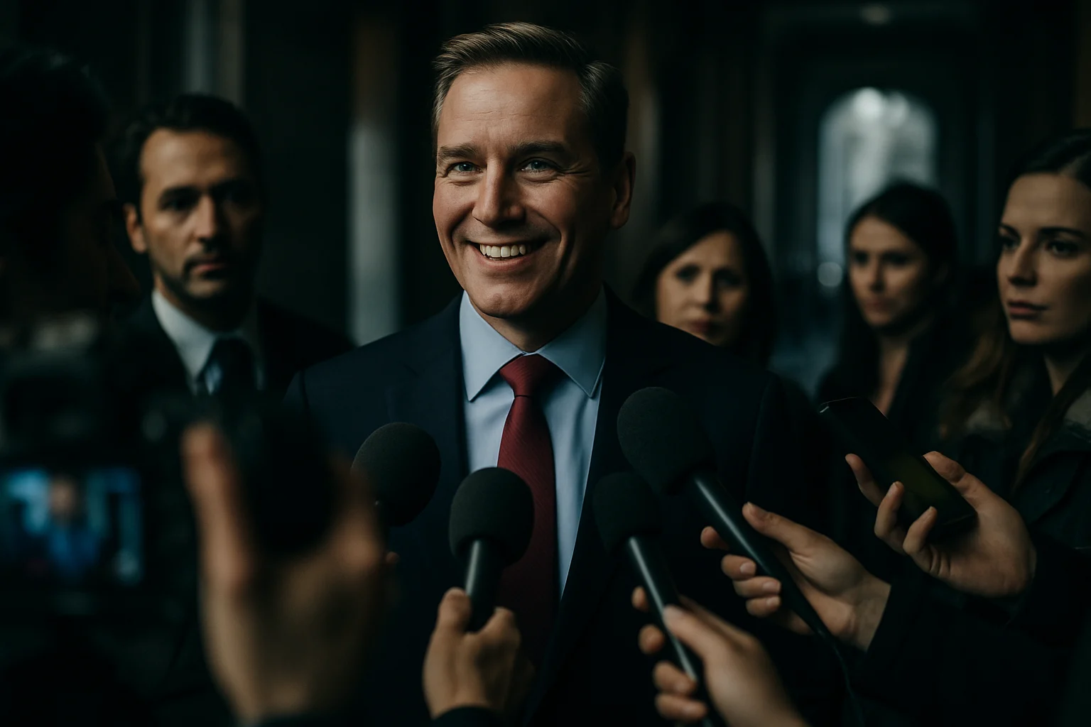 王世堅接受媒體採訪時展現自信笑容的畫面