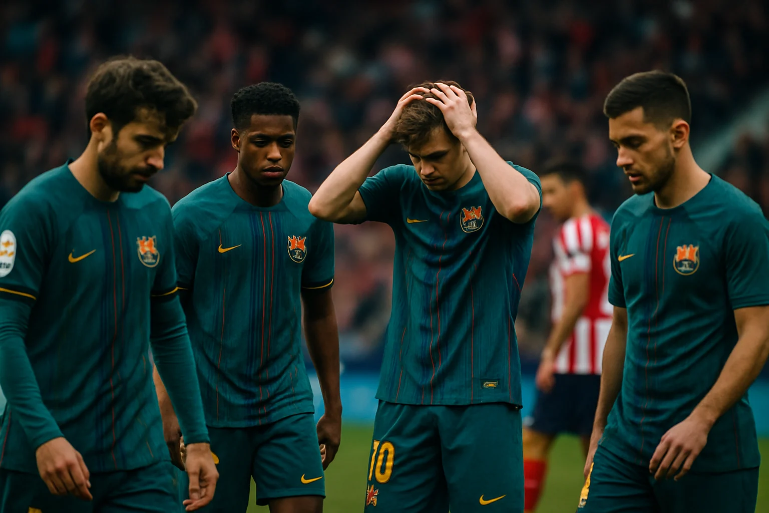 巴塞隆納球員在比賽中沮喪的表情和肢體語言