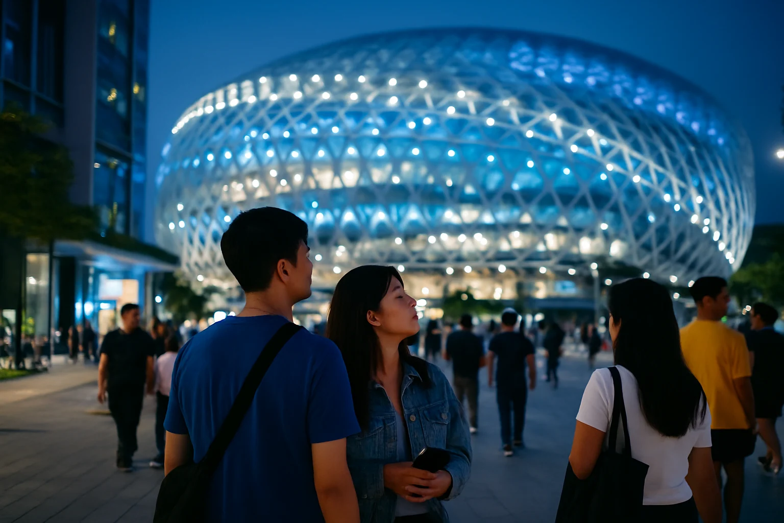 台北大巨蛋外觀夜景，周邊交通動線清楚標示，捷運站出口人潮湧動