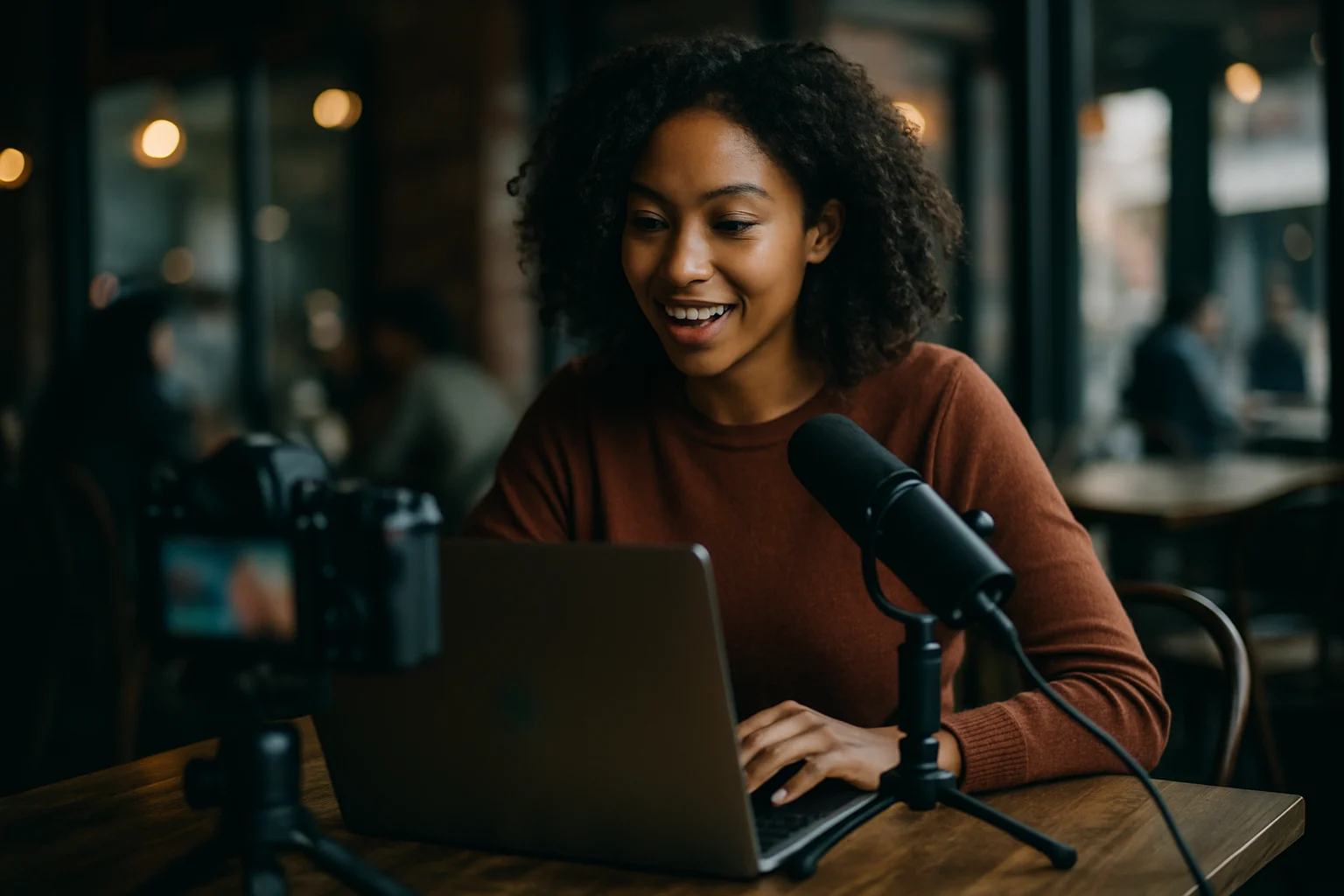 内容创作者在咖啡厅用笔记本电脑工作,旁边放着相机和麦克风,屏幕显示YouTube视频编辑界面