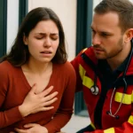 年轻女性感觉后背疼痛坐在床边的场景