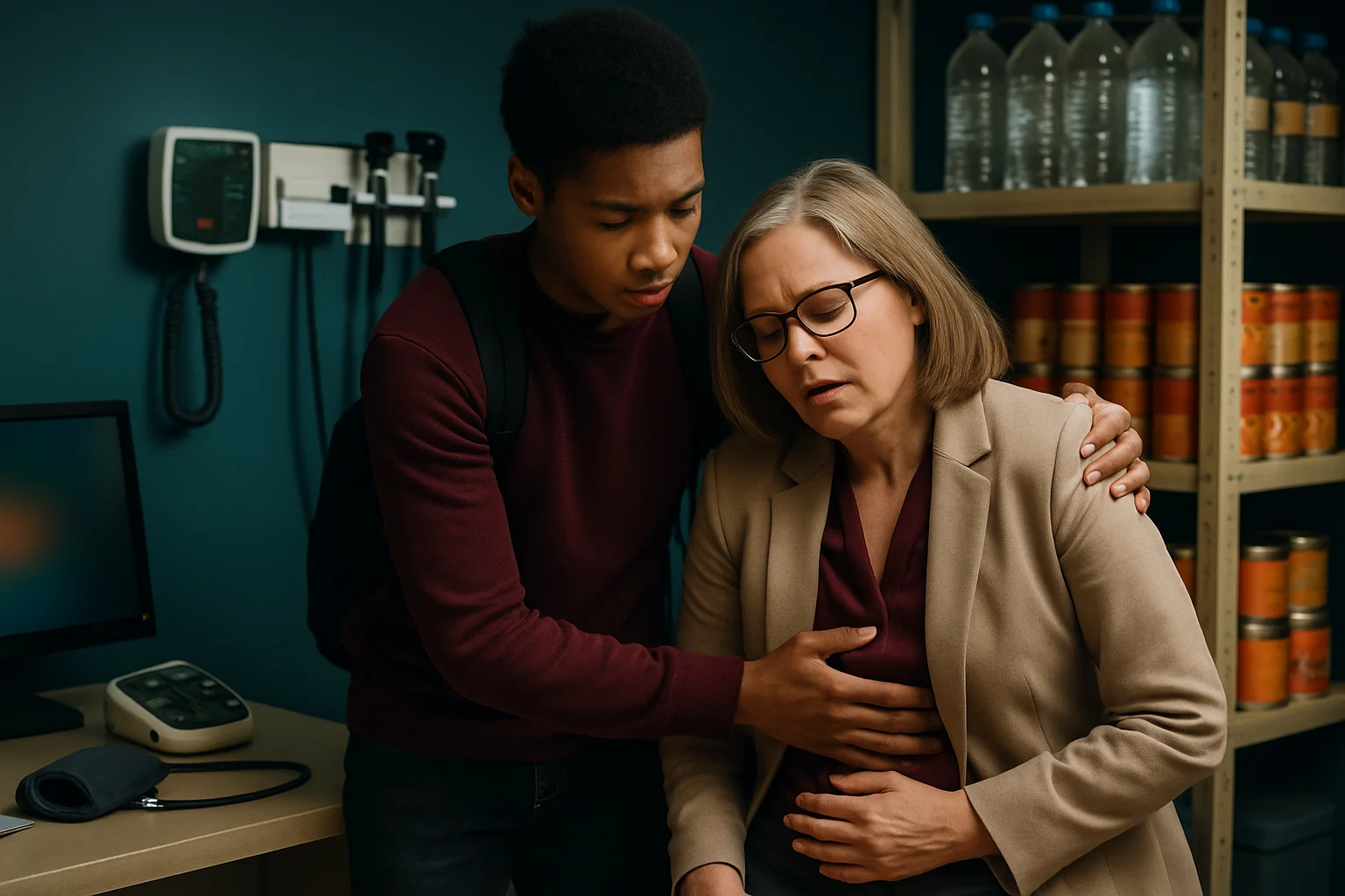 学校教师办公室内配备的健康监测设备和应急食品