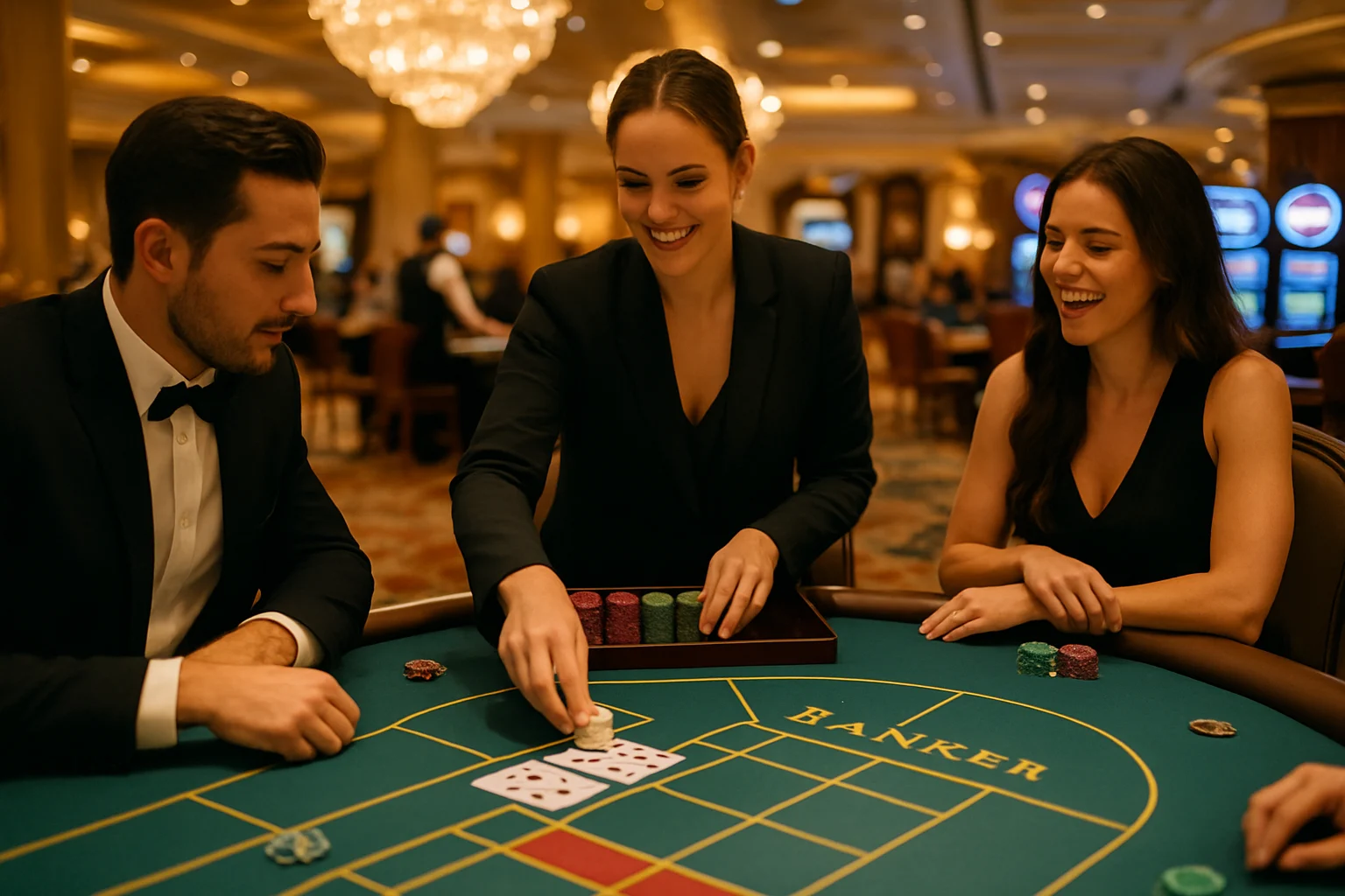 百家樂遊戲桌上的撲克牌和籌碼佈局