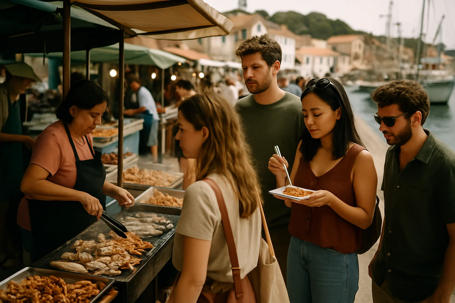 高雄海線漁村傳統小吃攤販與遊客品嚐在地美食的溫馨場景