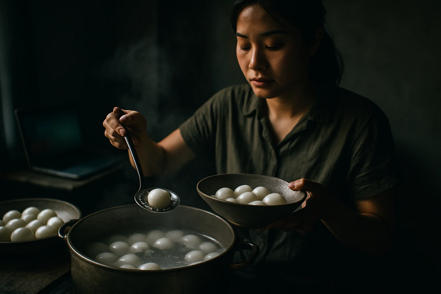 Bánh trôi bánh chay trắng tròn vừa luộc xong được bày trên đĩa dâng cúng ngày mùng 3 tháng 3 âm lịch Tết Hàn Thực