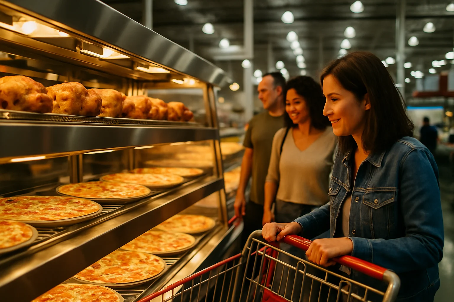 好市多熟食區烤雞和披薩陳列櫃，顧客正在選購