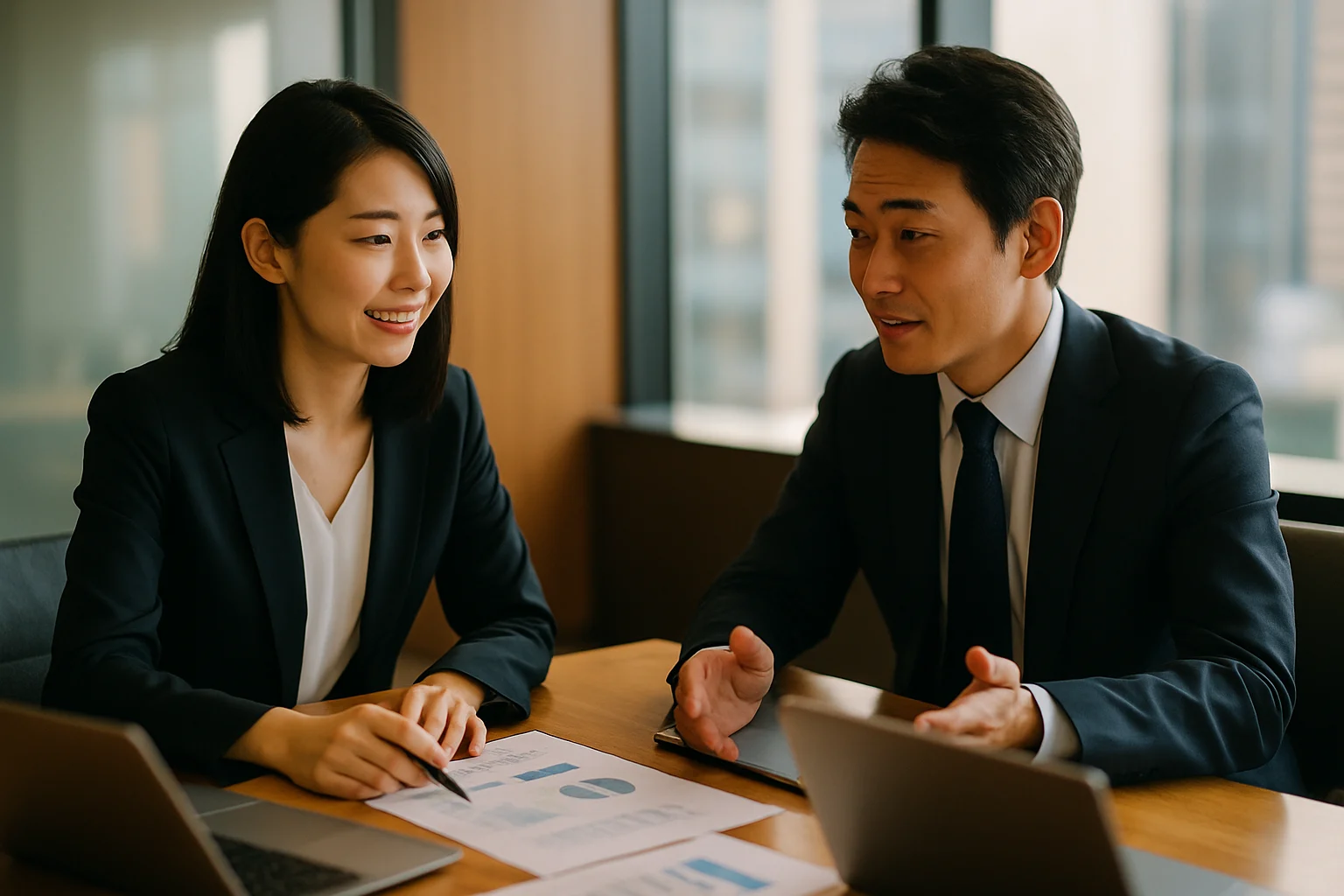 柏原崇與內田有紀在10BEANS公司辦公室內討論工作計畫的專業場景