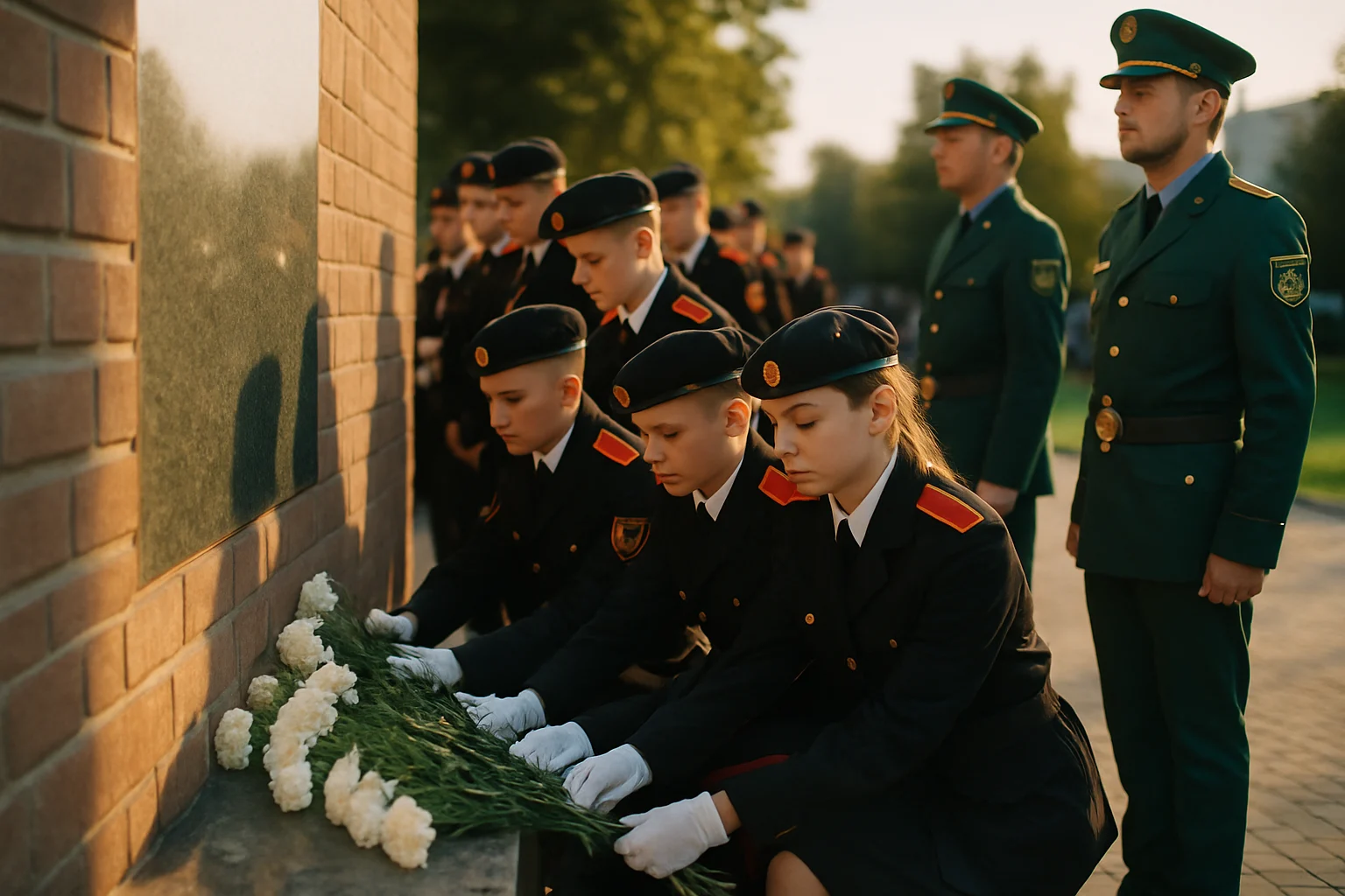 学生们在烈士陵园向边防英烈献花的感人场面