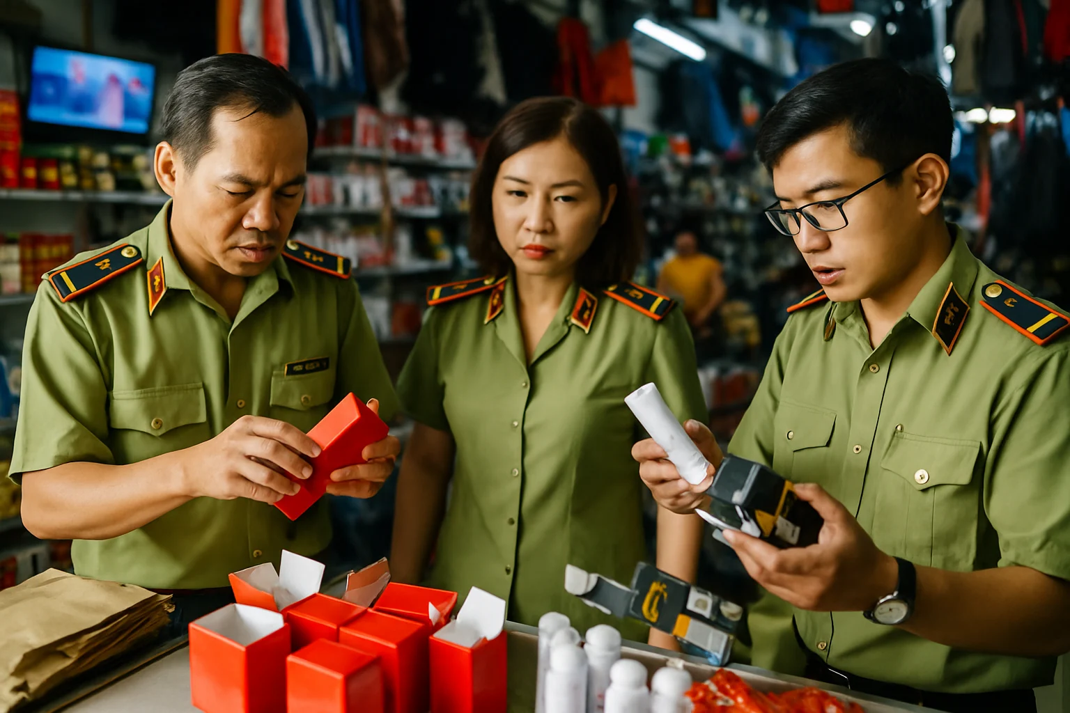 Lực lượng chức năng kiểm tra hàng giả tại một cửa hàng