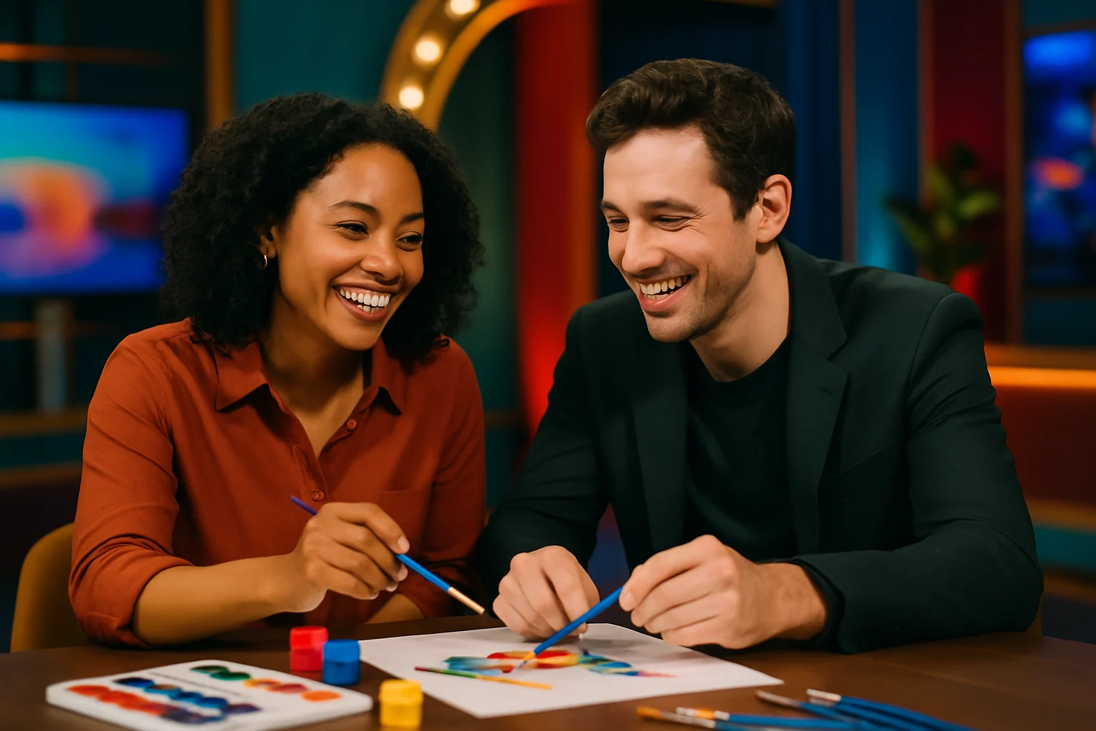 張凌赫在你好星期六節目中與田曦薇互動畫畫的現場畫面