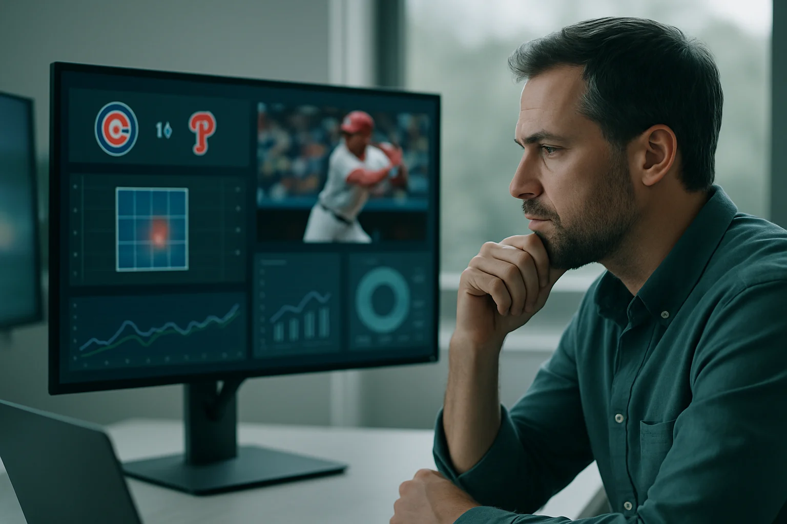 Baseball analytics dashboard showing Cubs vs Phillies statistical comparison and betting trends on computer screen