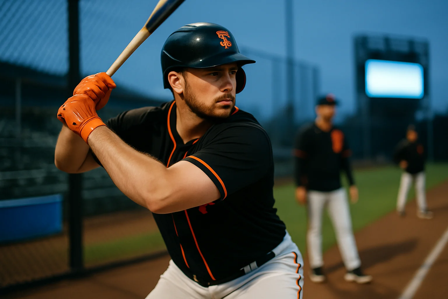 Daniel Susac in batting stance during Giants practice session