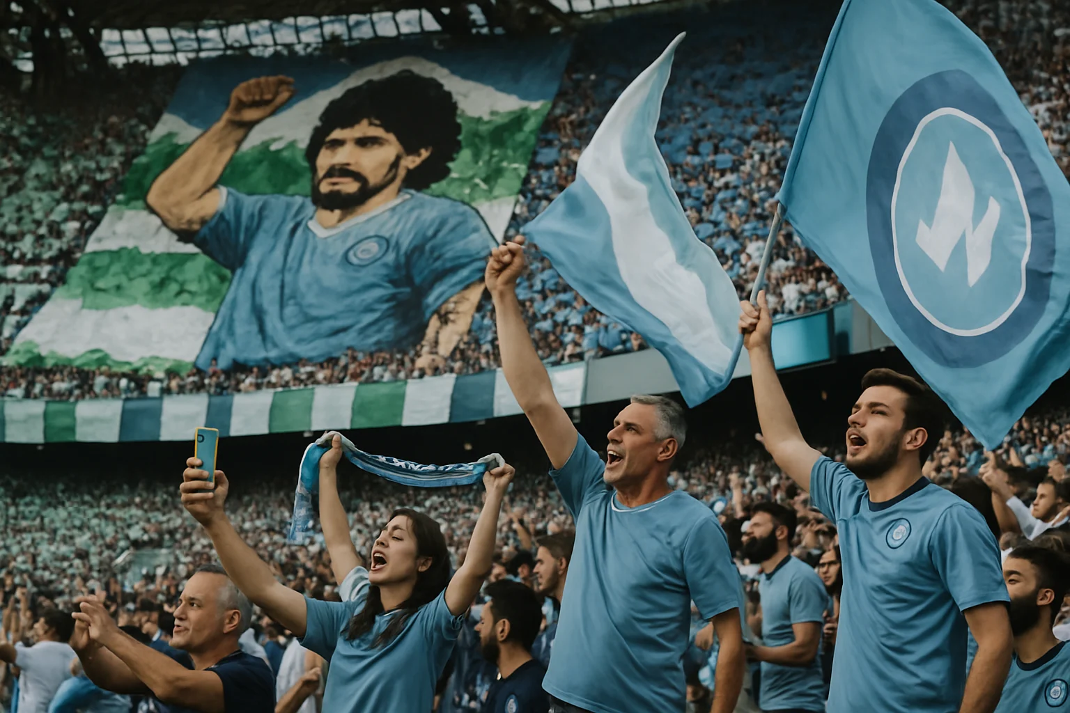 Napoli fans creating spectacular tifo display at Diego Armando Maradona Stadium before Milan match