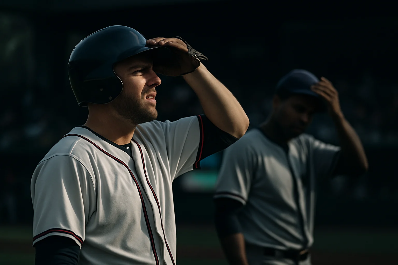 Baseball players adjusting to afternoon shadows at Progressive Field during a Royals vs Guardians day game
