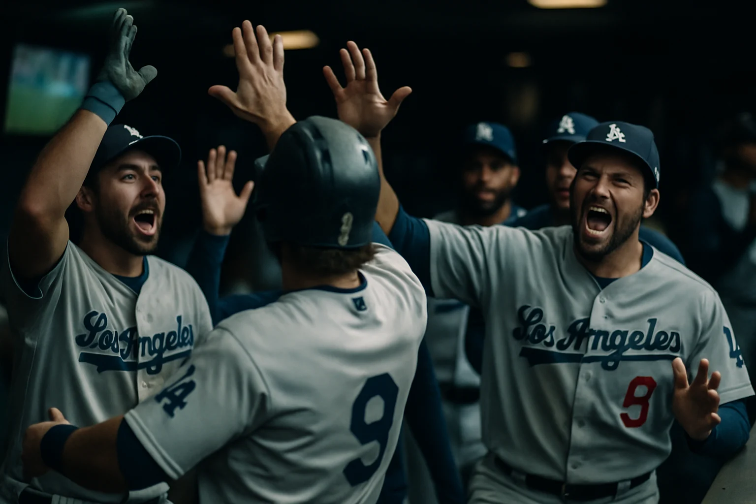 LA Dodgers dugout with players celebrating after a home run during a 2026 regular season afternoon game