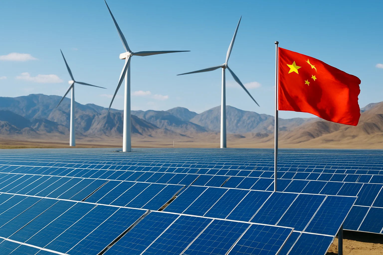 中国大型风力发电场和太阳能电站并网发电壮观场景