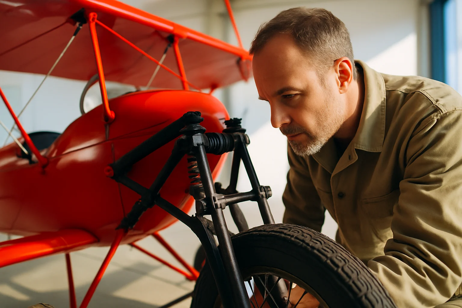 Flying Flea C6 girder fork suspension system close-up showing forged aluminium construction