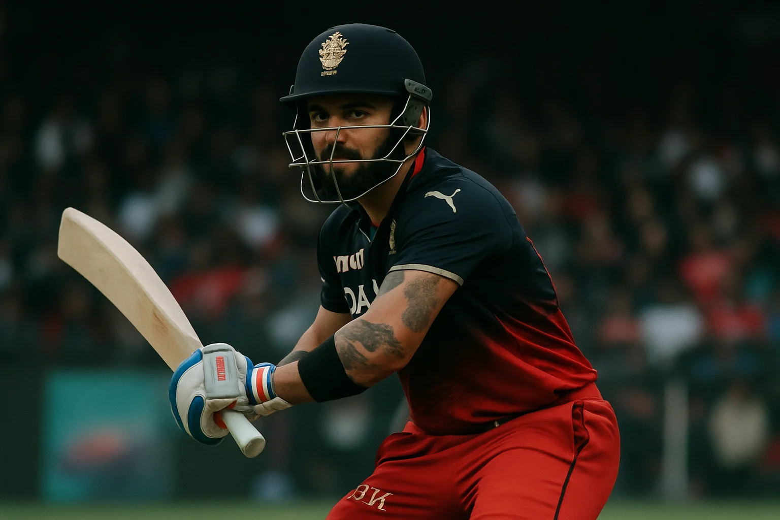 विराट कोहली RCB की जर्सी में बल्लेबाजी करते हुए चिन्नास्वामी स्टेडियम में