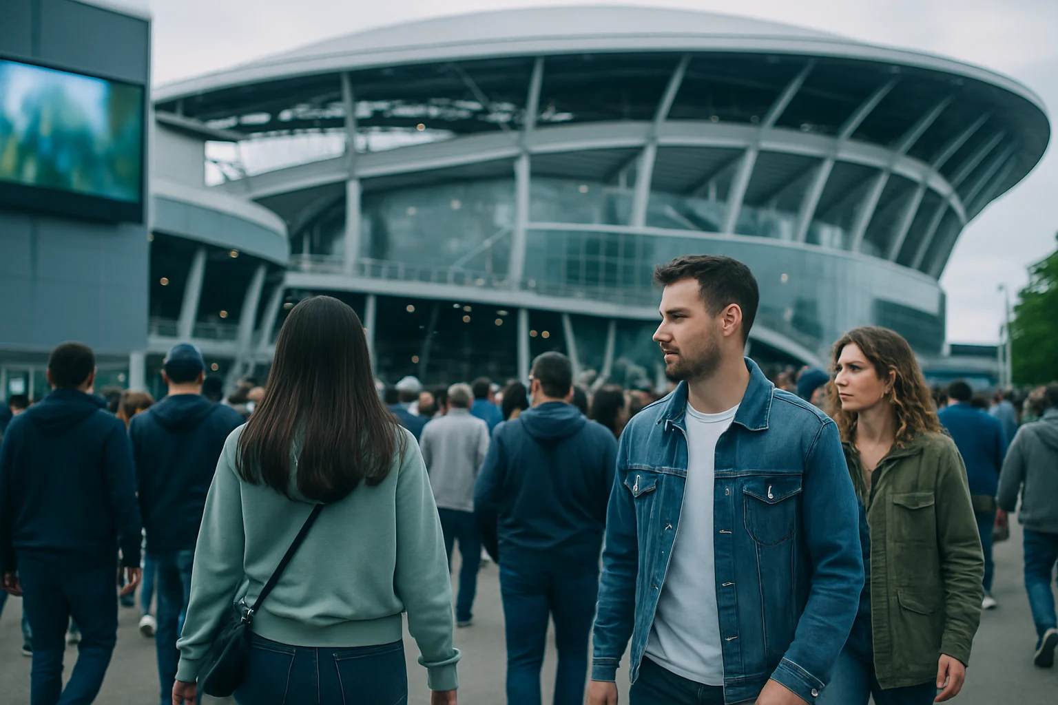 未来中国主办世界杯的现代化球场外景和球迷入场的想象场景