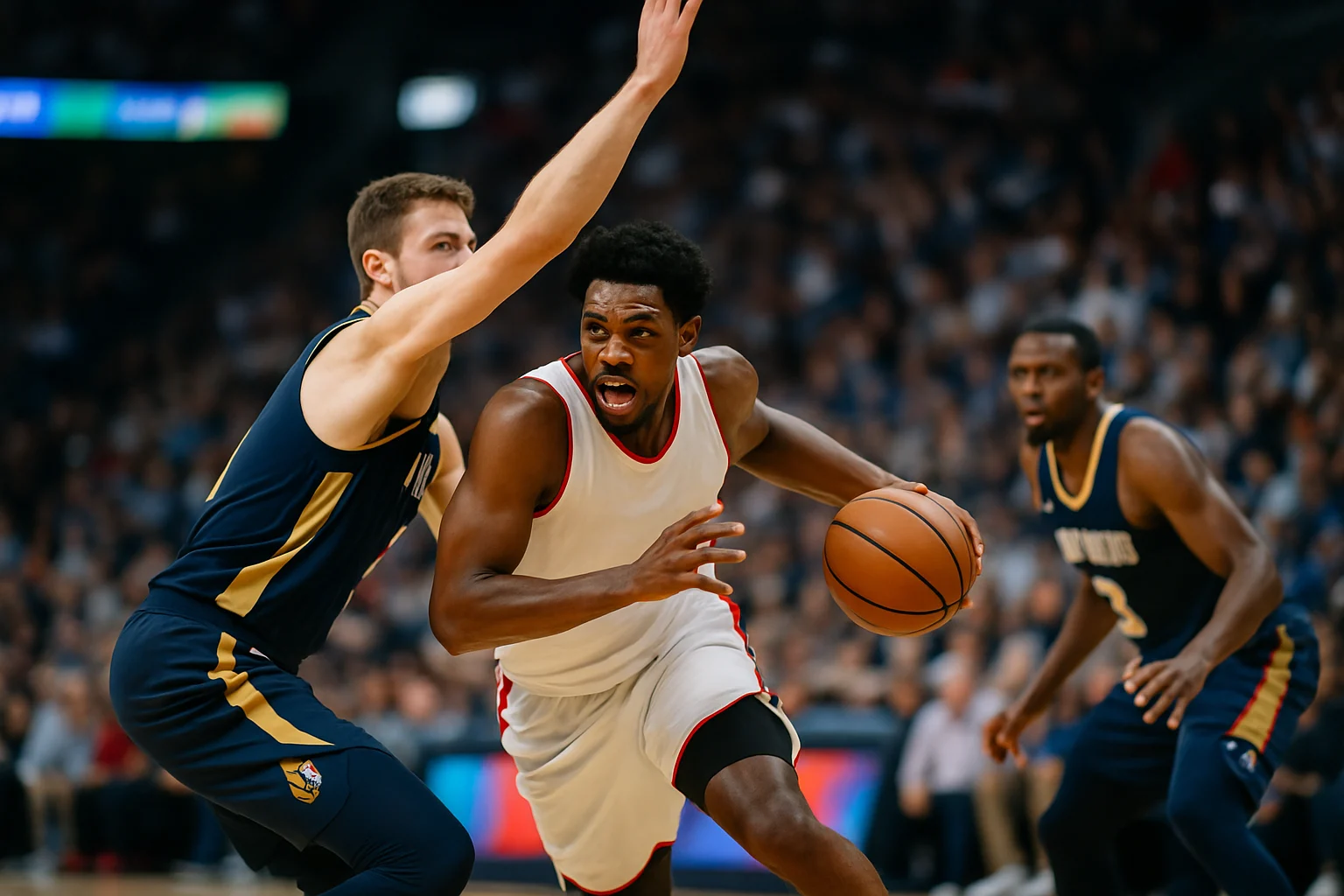 NBA進攻戰術示意圖,顯示雙巨星吸引防守後角落射手獲得空檔