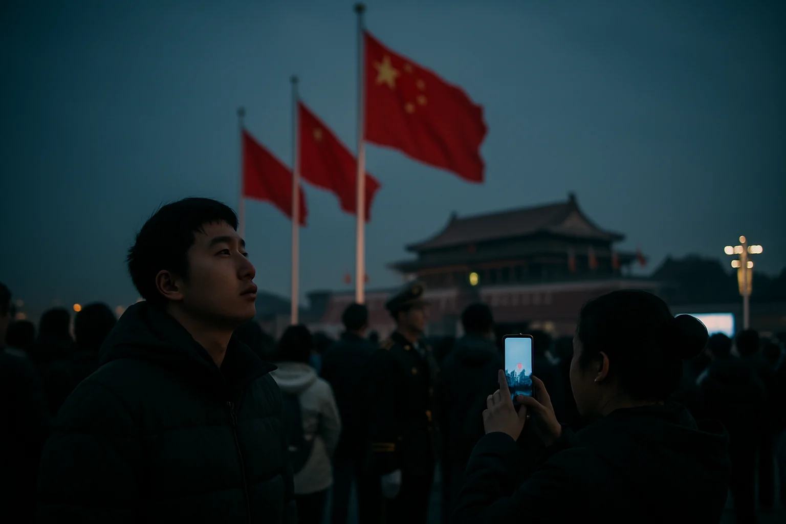 天安门广场同时悬挂中国西班牙越南三国国旗的外交仪式现场