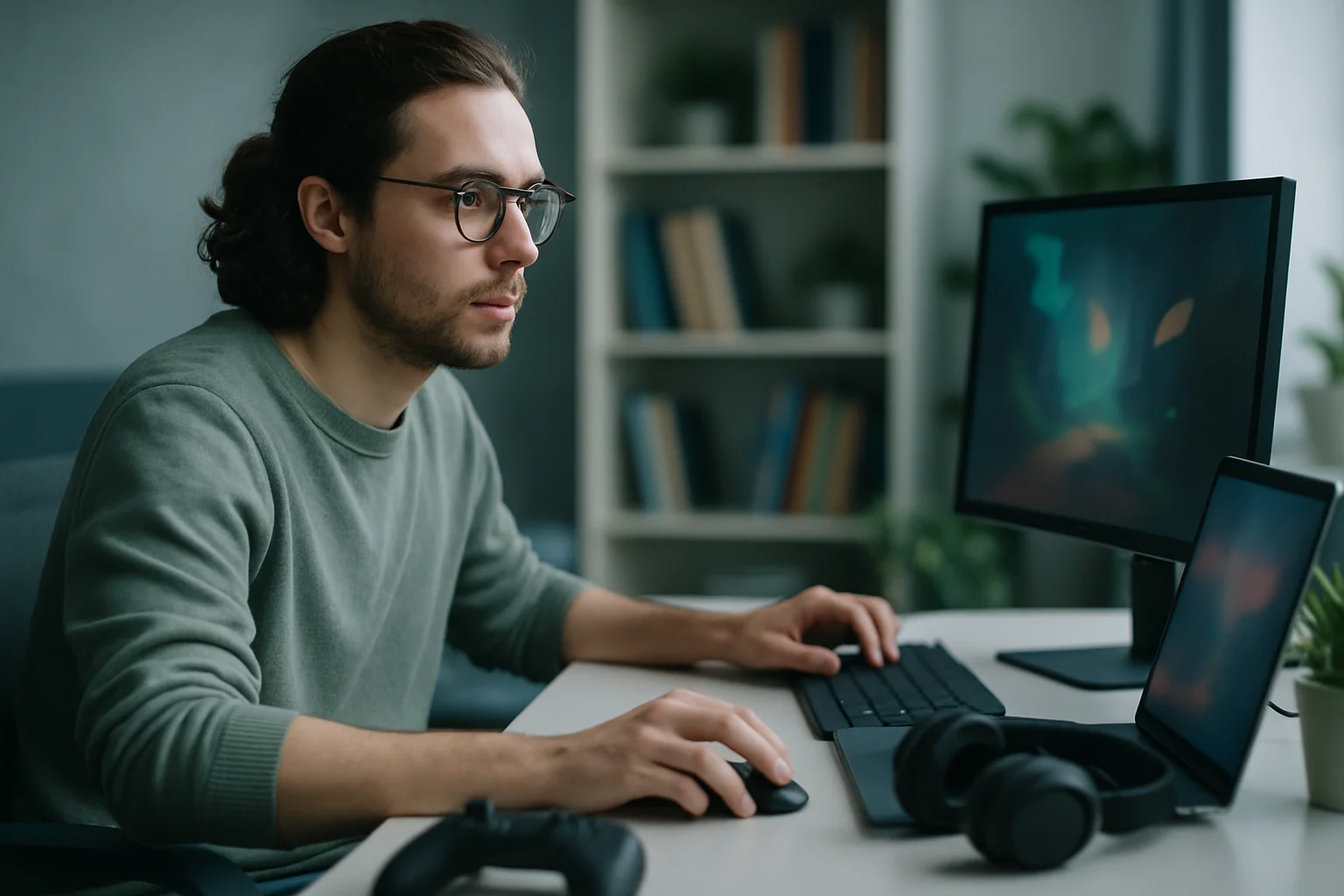 遊戲開發者在電腦前使用Unity引擎開發遊戲畫面