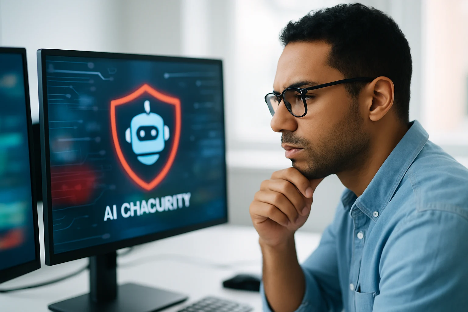 研究人員在電腦螢幕前分析AI聊天機器人安全機制與對話紀錄的場景