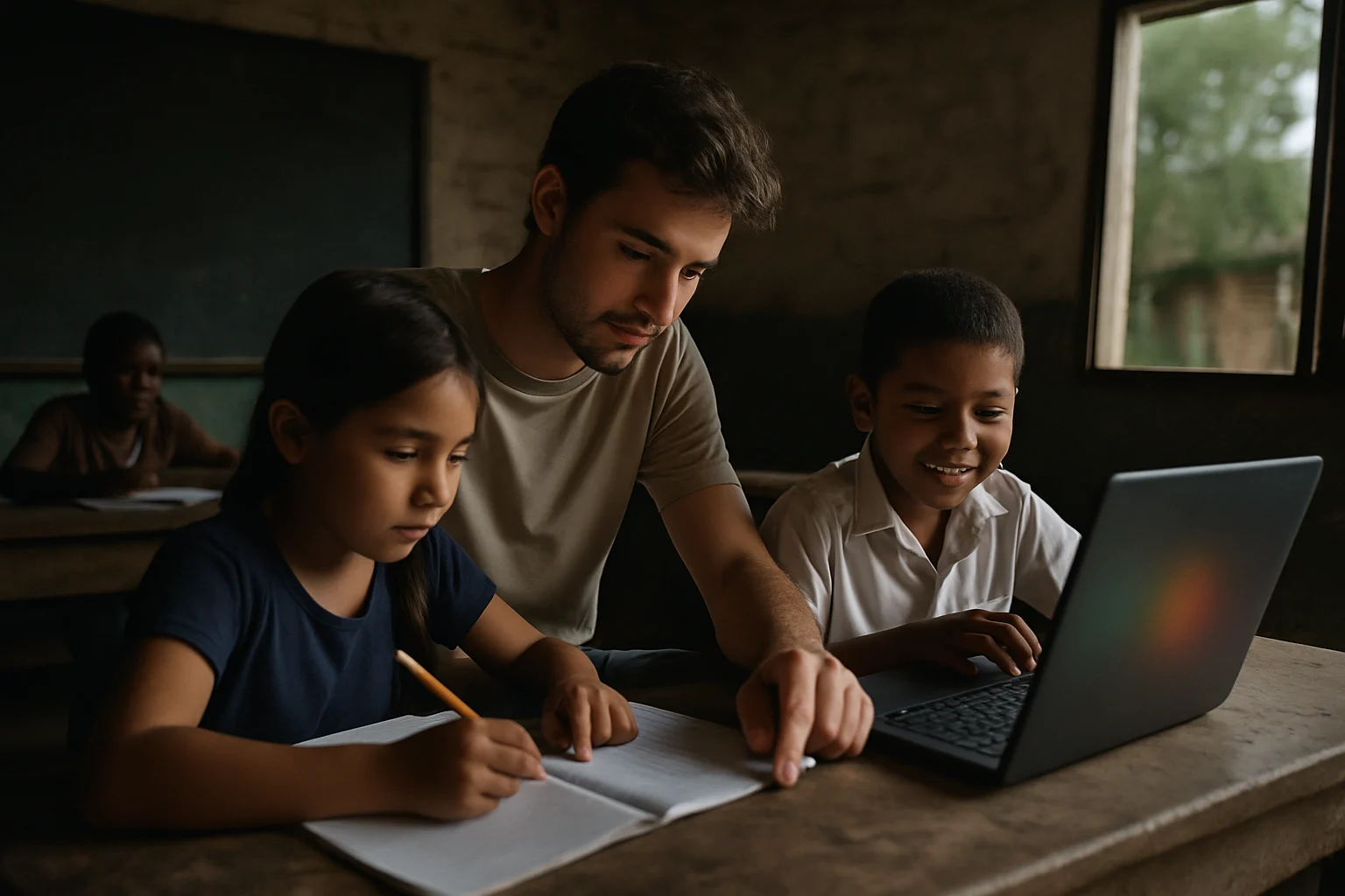 志愿者在农村学校为留守儿童提供心理辅导和学习帮助