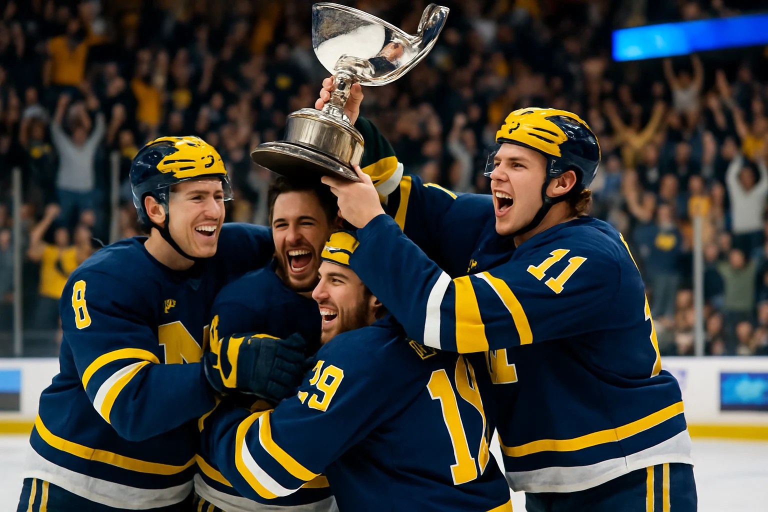 Michigan hockey players celebrating on ice at Yost Ice Arena after scoring goal against opponent