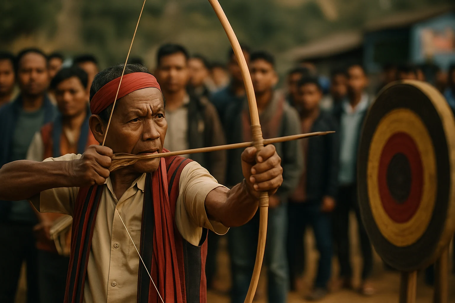 मेघालय में तीरंदाज़ लक्ष्य पर तीर चलाते हुए, जो नाइट तीर रिजल्ट का आधार है