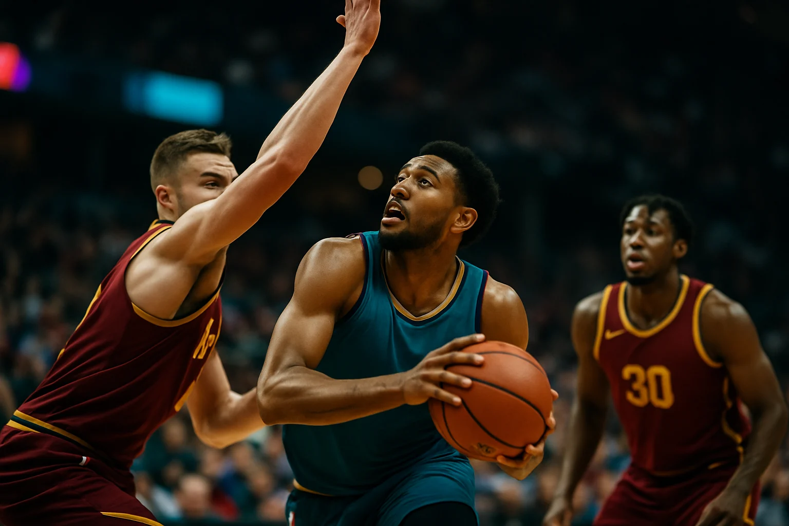Modern living room setup with large smart TV displaying NBA game interface and streaming app options on screen