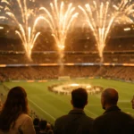 2026世足賽開幕式在墨西哥城阿茲特克體育場夜晚燈光秀全景