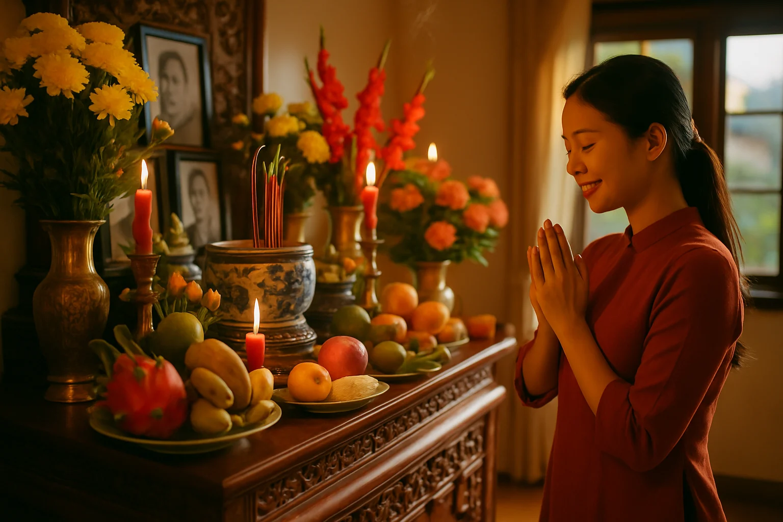 Bàn thờ gia tiên được trang trí hương hoa trong ngày rằm tháng 2 âm lịch