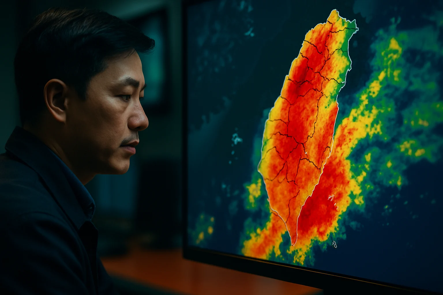 氣象雷達回波圖顯示台灣各縣市降雨分布,橘紅色代表強降雨區域