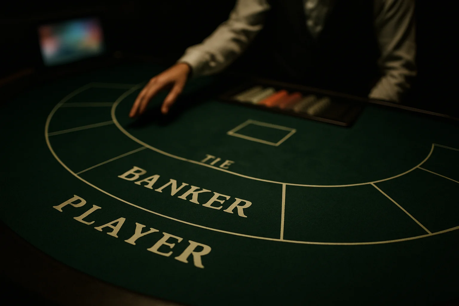 百家樂免傭牌桌籌碼與莊閒下注區域特寫