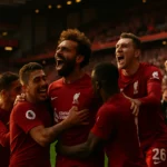 利物浦球員恩古莫哈兜射破門慶祝瞬間，安菲爾德球場球迷歡呼