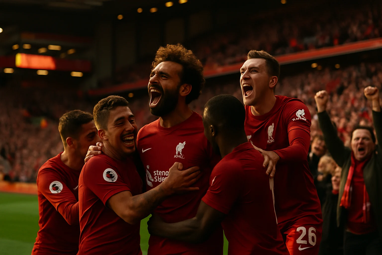 利物浦球員恩古莫哈兜射破門慶祝瞬間，安菲爾德球場球迷歡呼